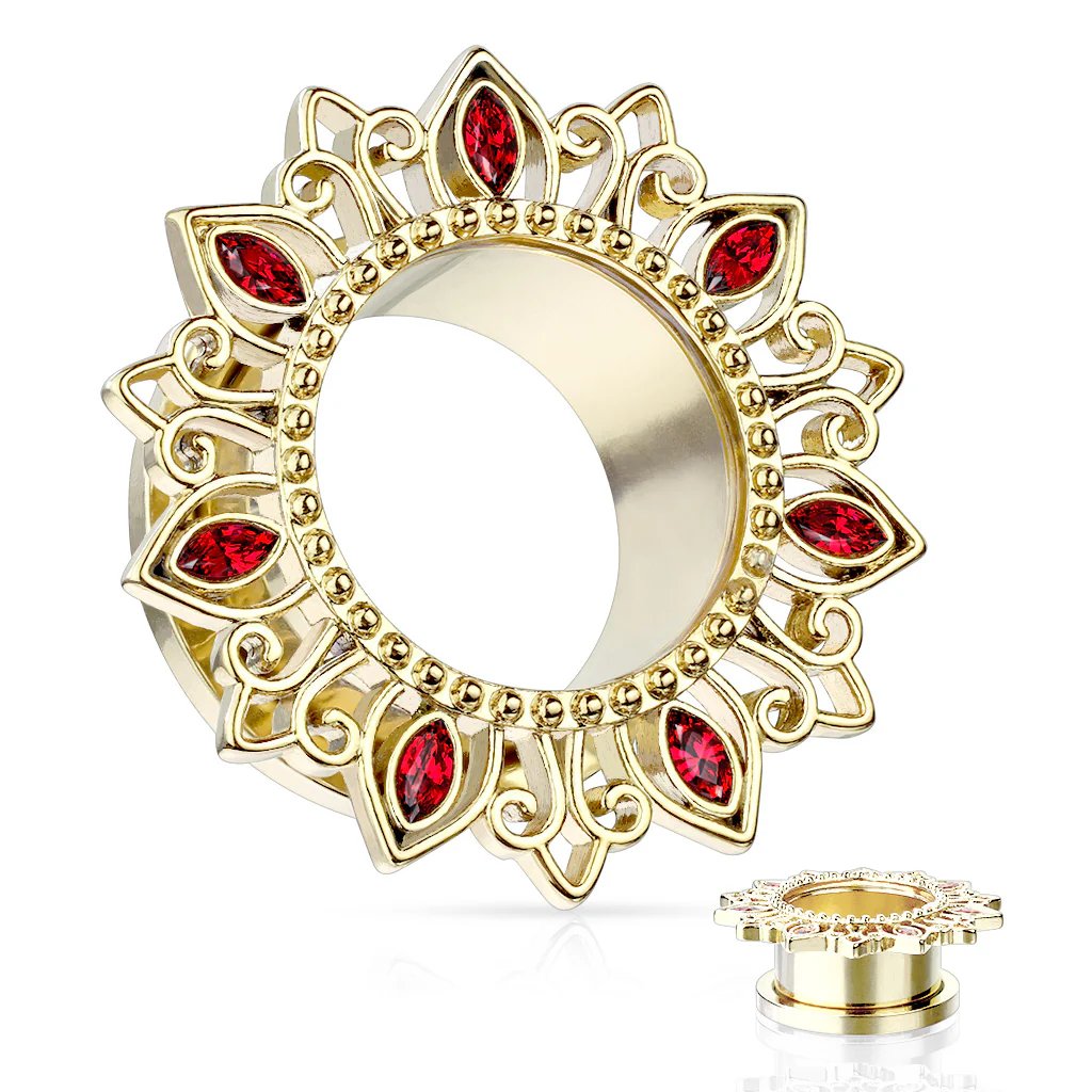 1 Pc Tribal Lotus Flower With Zircon Set Petal Screw Fit Flesh Tunnels Plugs - Image 4