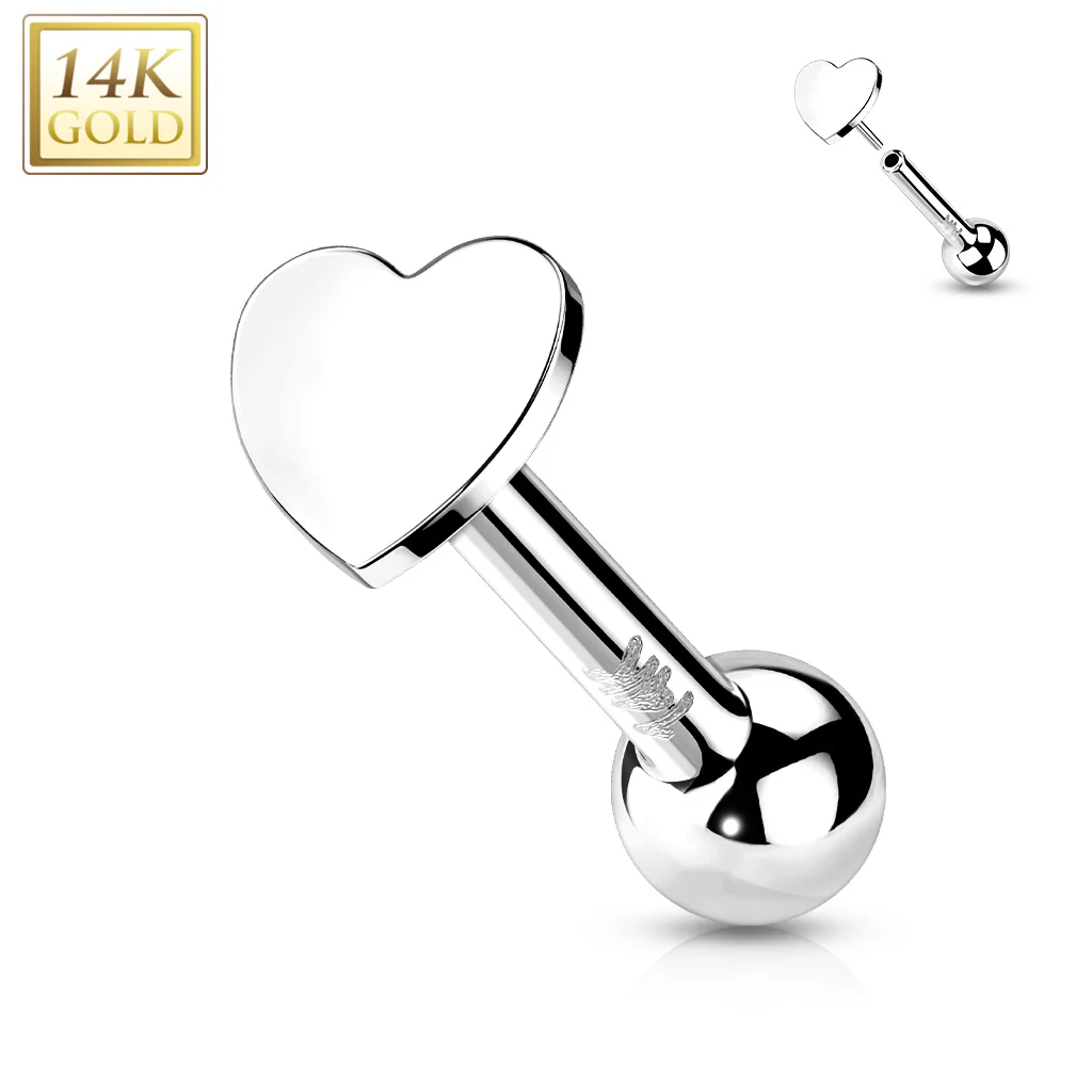 14K Solid Gold Cartilage Flat Heart Top Threadless Push-In Barbell - Image 2