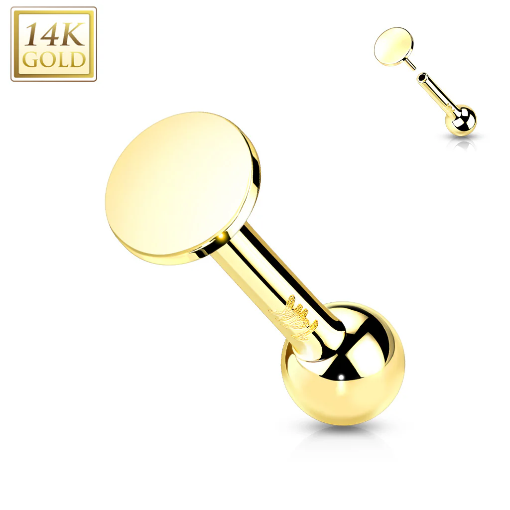 14K Solid Gold Cartilage Flat Round Top Threadless Push-In Barbell - Image 3