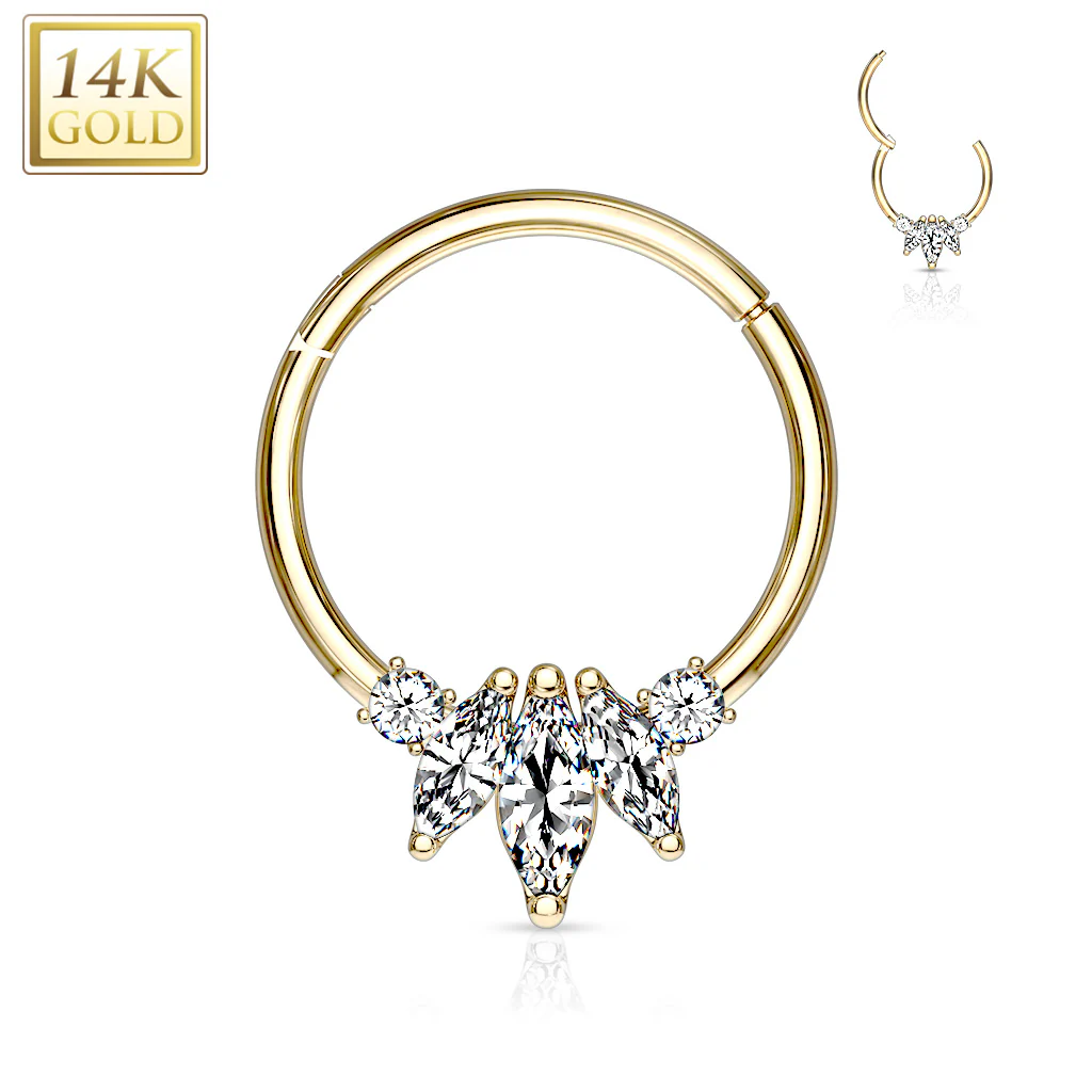 14K Solid Gold Marquise CZ Hinged Hoop Ring Nose Septum Daith - Image 5