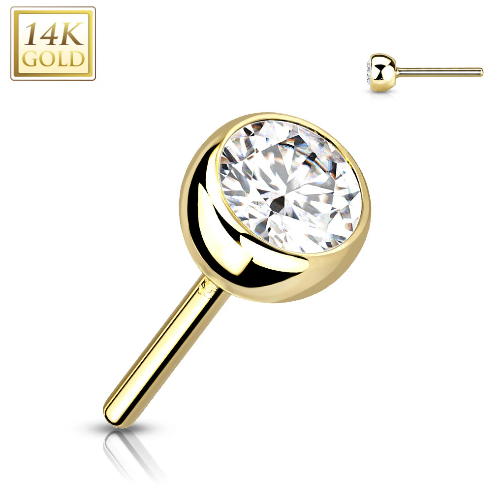 14K Solid Gold CZ Bezel Threadless Push In Top Replacement For Lip - Image 2