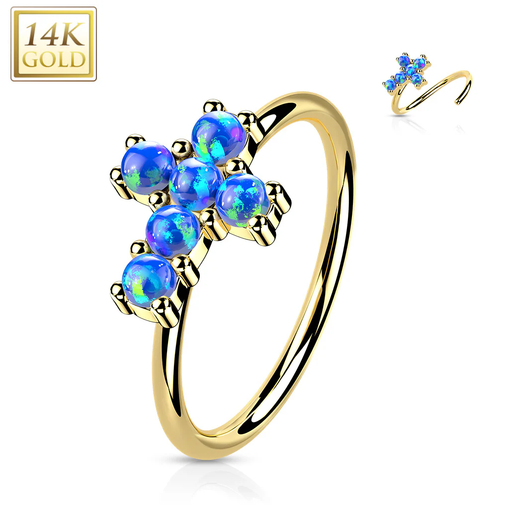 14K Solid Gold Opal or CZ Cross Nose Hoop Ring Ear Cartilage Tragus - Image 8