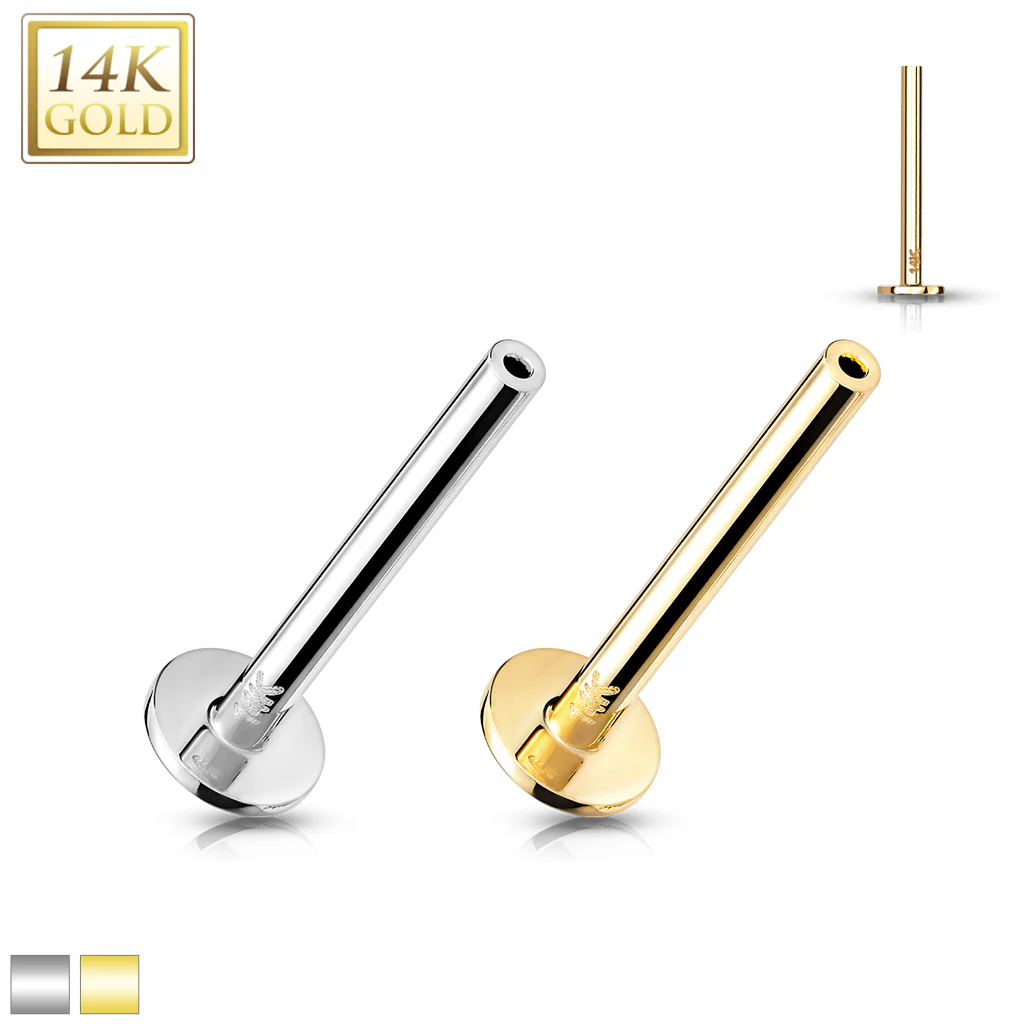 14K Solid Gold Threadless Push In Labret, Flat Back Stud Pins - Image 5