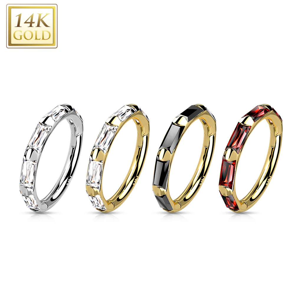 14K Solid Gold Baguette CZ Hinged Segment Hoop Ring Nose Septum Daith - Image 8