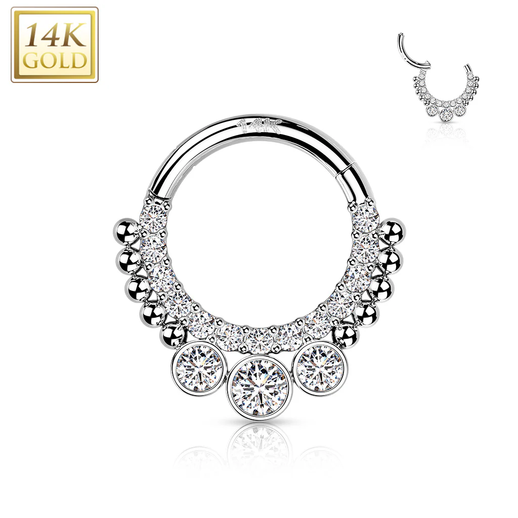 14K Solid Gold Bezel CZ Hinged Segment Hoop Ring Nose Septum Daith - Image 3