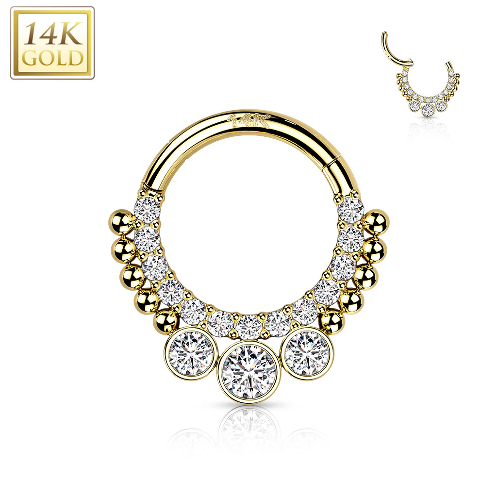 14K Solid Gold Bezel CZ Hinged Segment Hoop Ring Nose Septum Daith - Image 4