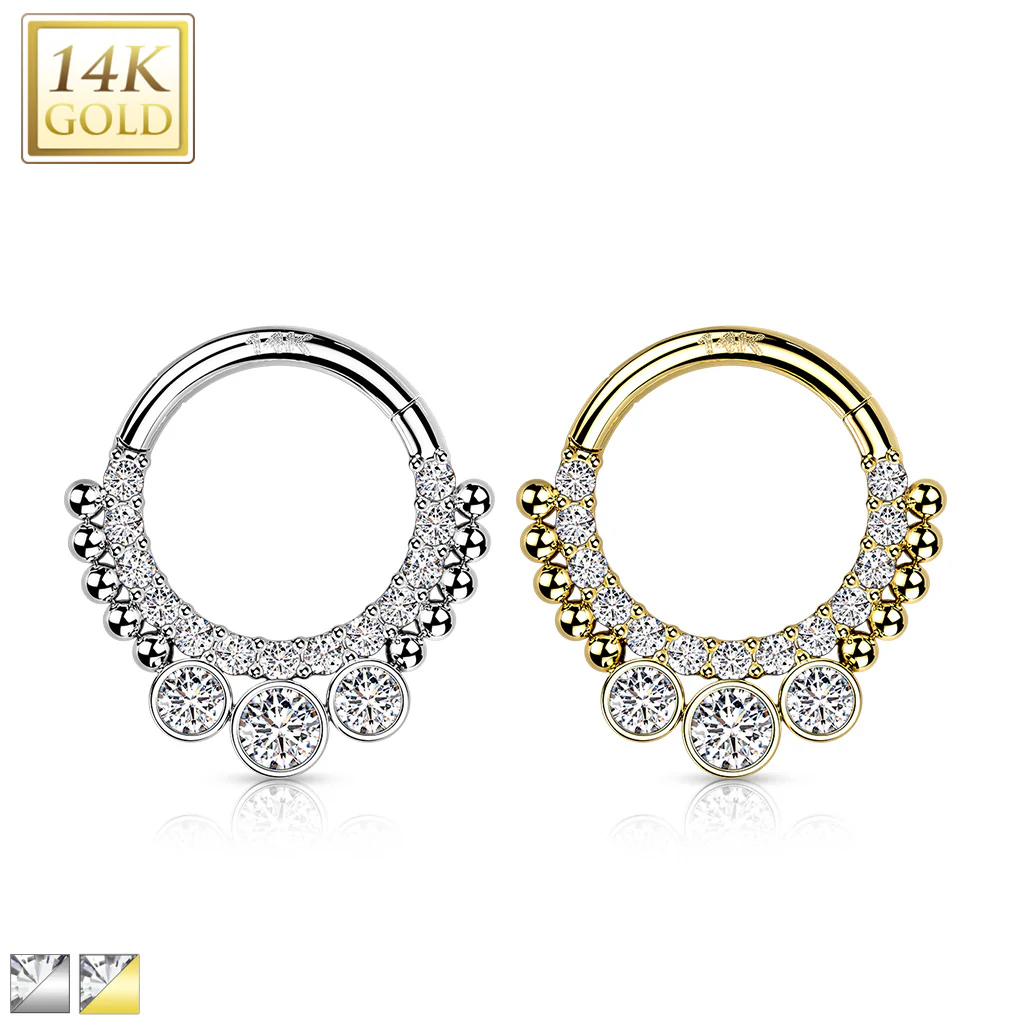 14K Solid Gold Bezel CZ Hinged Segment Hoop Ring Nose Septum Daith - Image 5