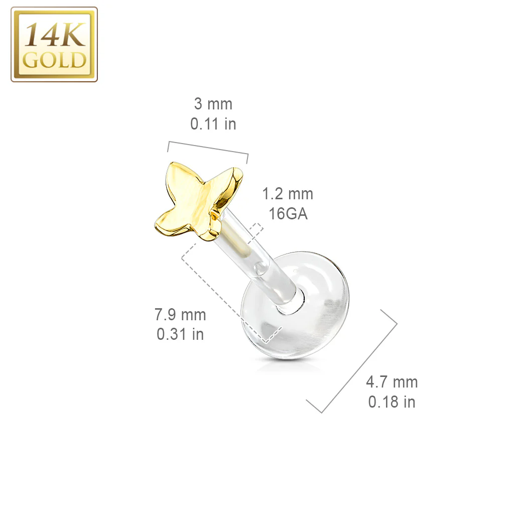 14K Solid Gold Butterfly PTFE Flex Shaft Labret Monroe Cartilage - Image 3