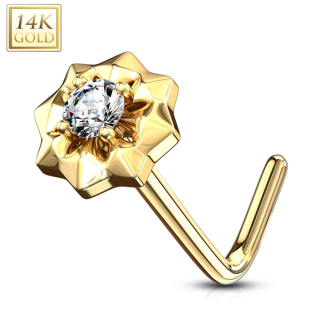 14K Solid Gold CZ Center Starburst L Bend Nose Ring - Image 7