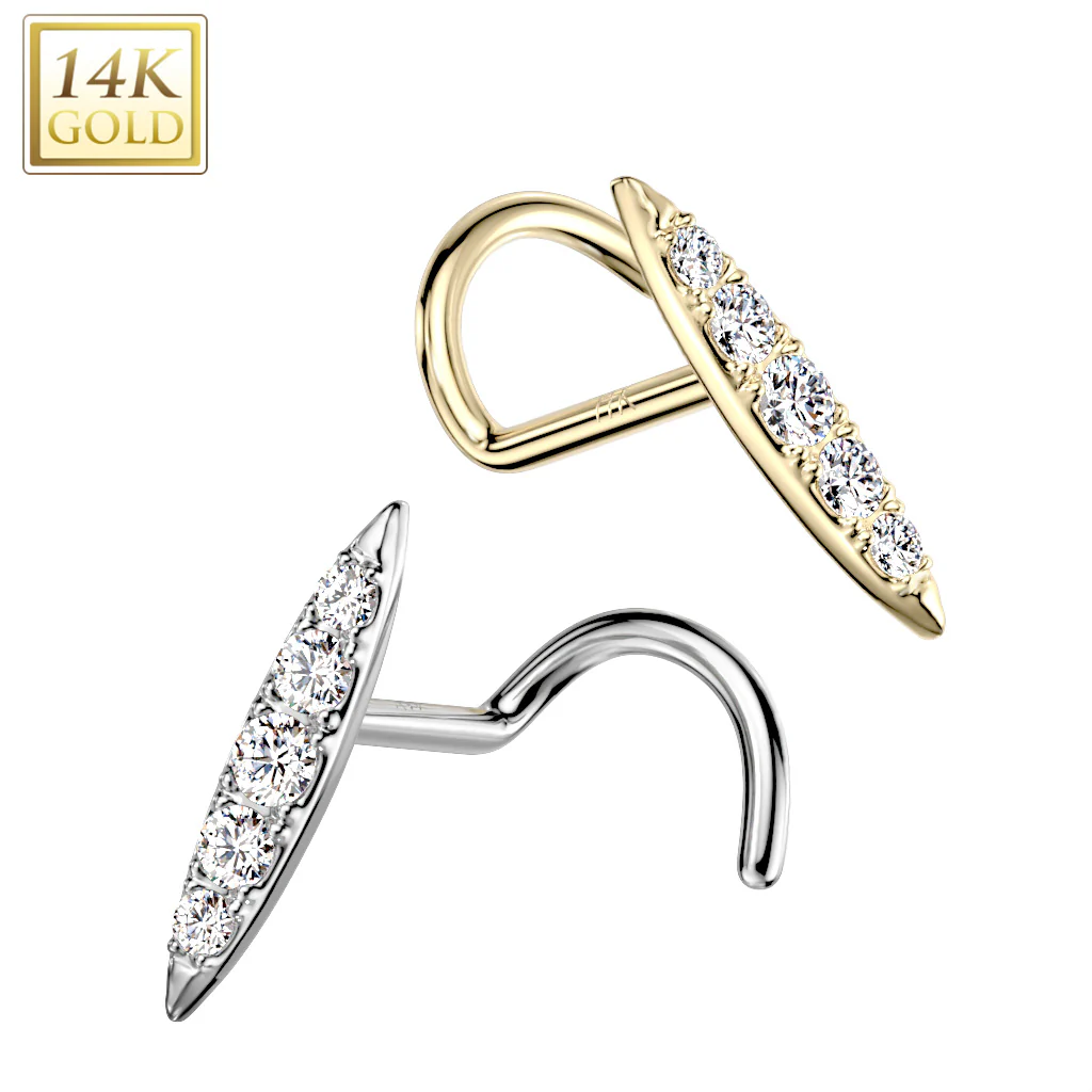 14K Solid Gold CZ Paved Bar Top Nose Screw Ring - Image 4