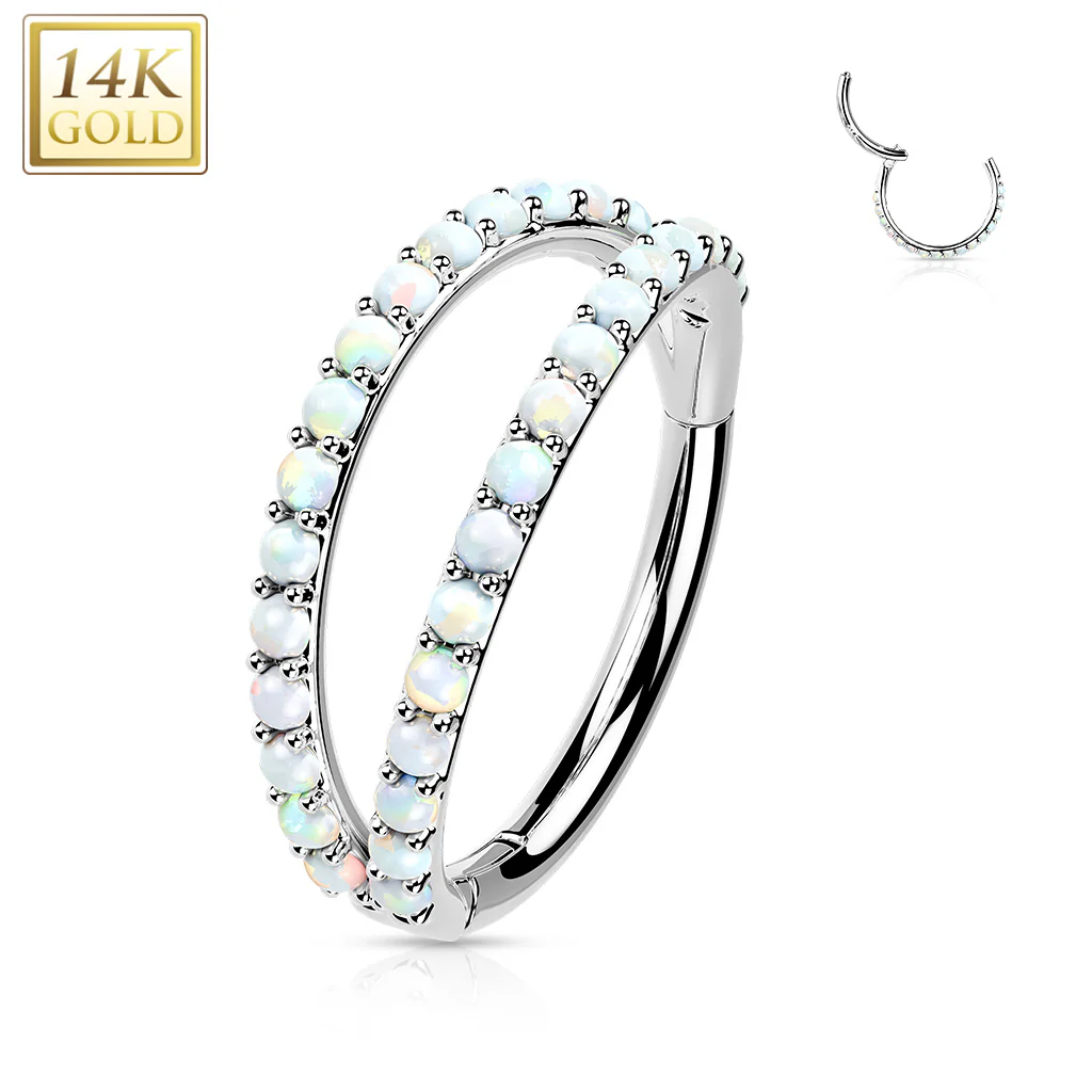14K Solid Gold Double Opal CZ Segment Hoop Ring Nose Septum Daith - Image 3