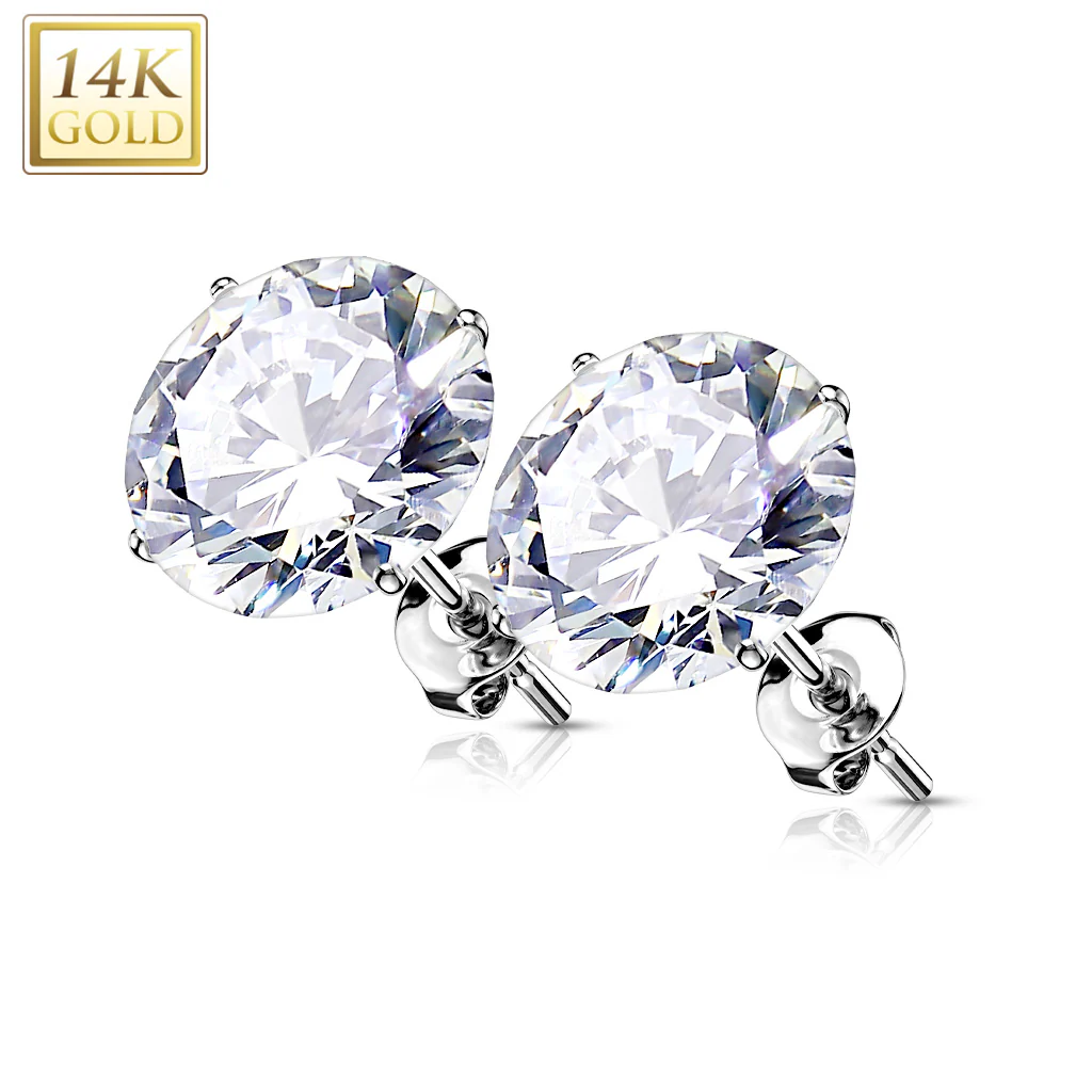 14K Solid Gold Ear Studs with Round Prong Set CZ Pair - Image 4