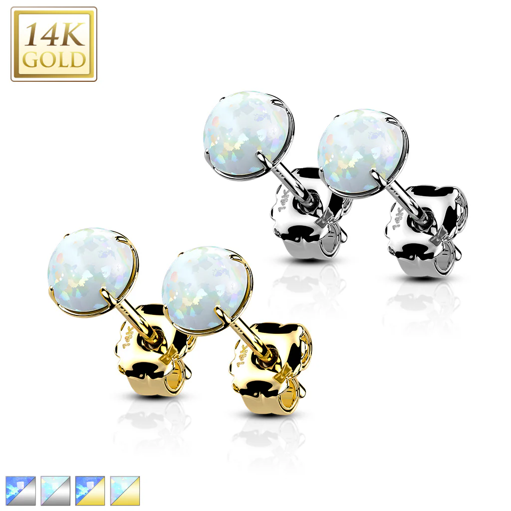 14K Solid Gold Ear Studs with Round Prong Set Opal Pair - Image 2
