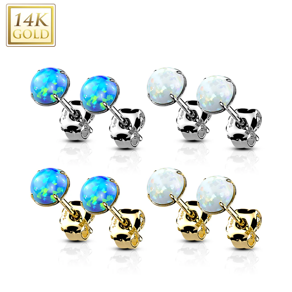 14K Solid Gold Ear Studs with Round Prong Set Opal Pair - Image 7