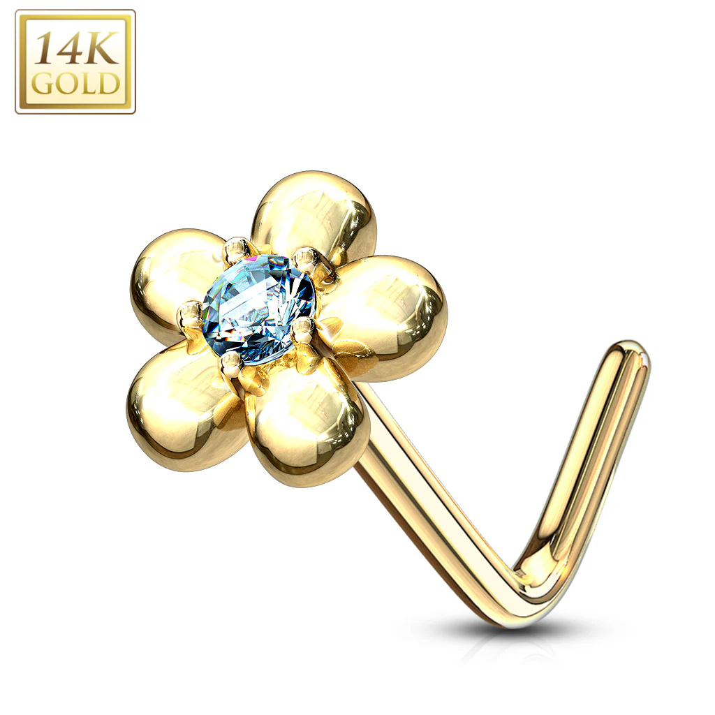14K Solid Gold Five Petal Flower L Bend Nose Ring - Image 9