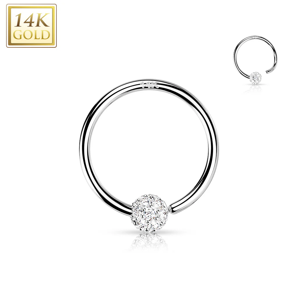 14K Solid Gold Fixed CZ Pave Ball Captive Hoop Ring Ear Cartilage - Image 5