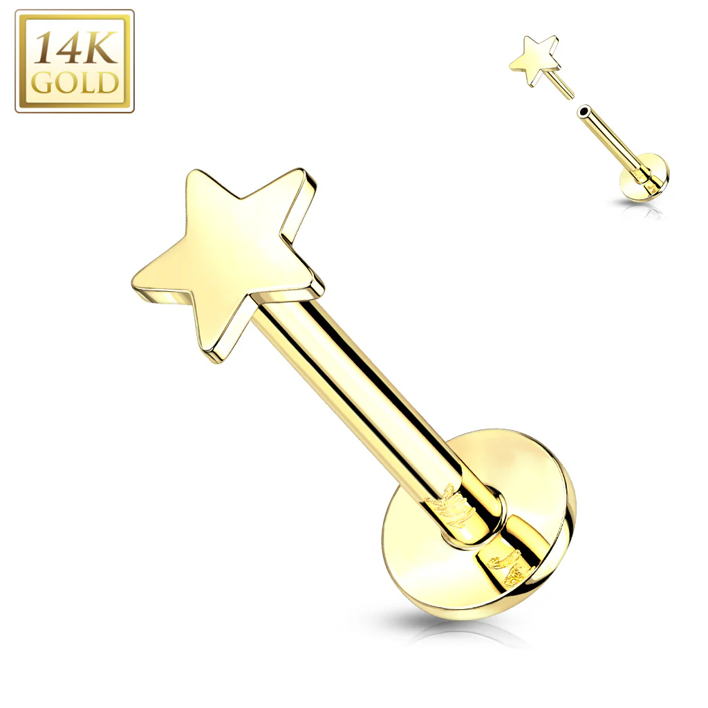 14K Solid Gold Flat Star Top Threadless Push-In Labret for Cartilage Monroe - Image 4