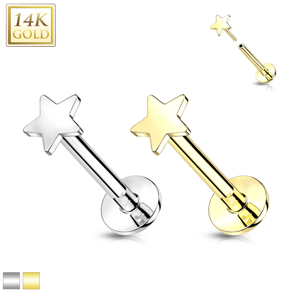 14K Solid Gold Flat Star Top Threadless Push-In Labret for Cartilage Monroe - Image 5