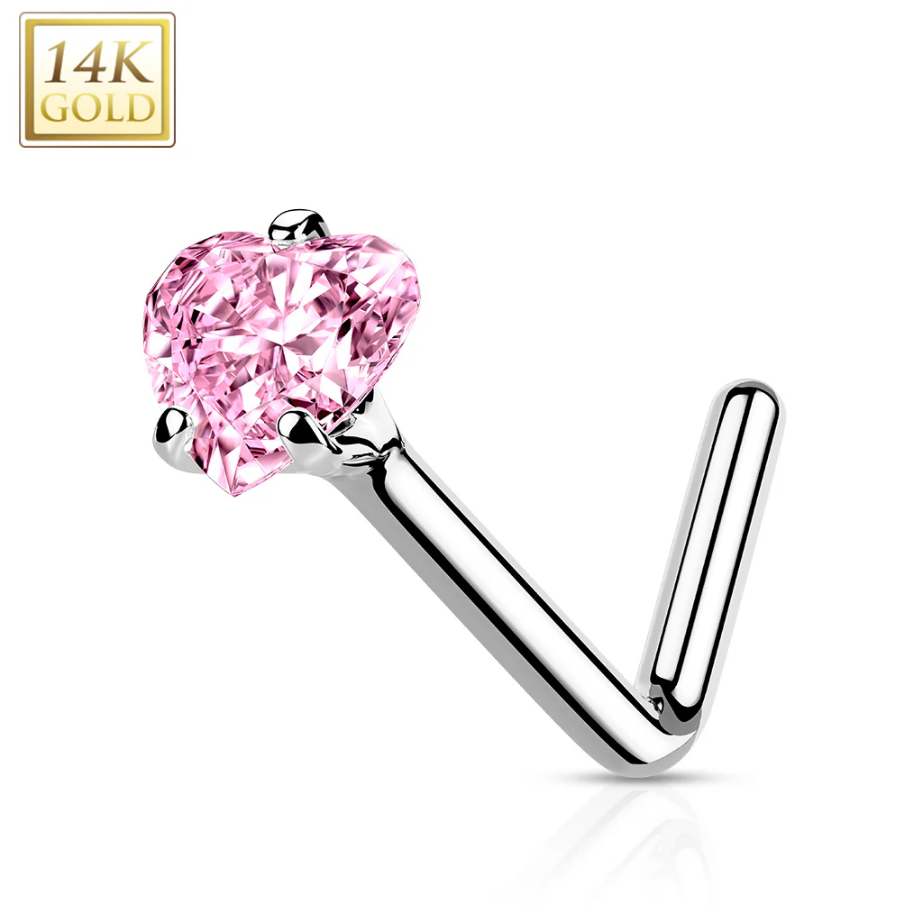 14K Solid Gold Heart CZ L Bend Nose Ring - Image 5