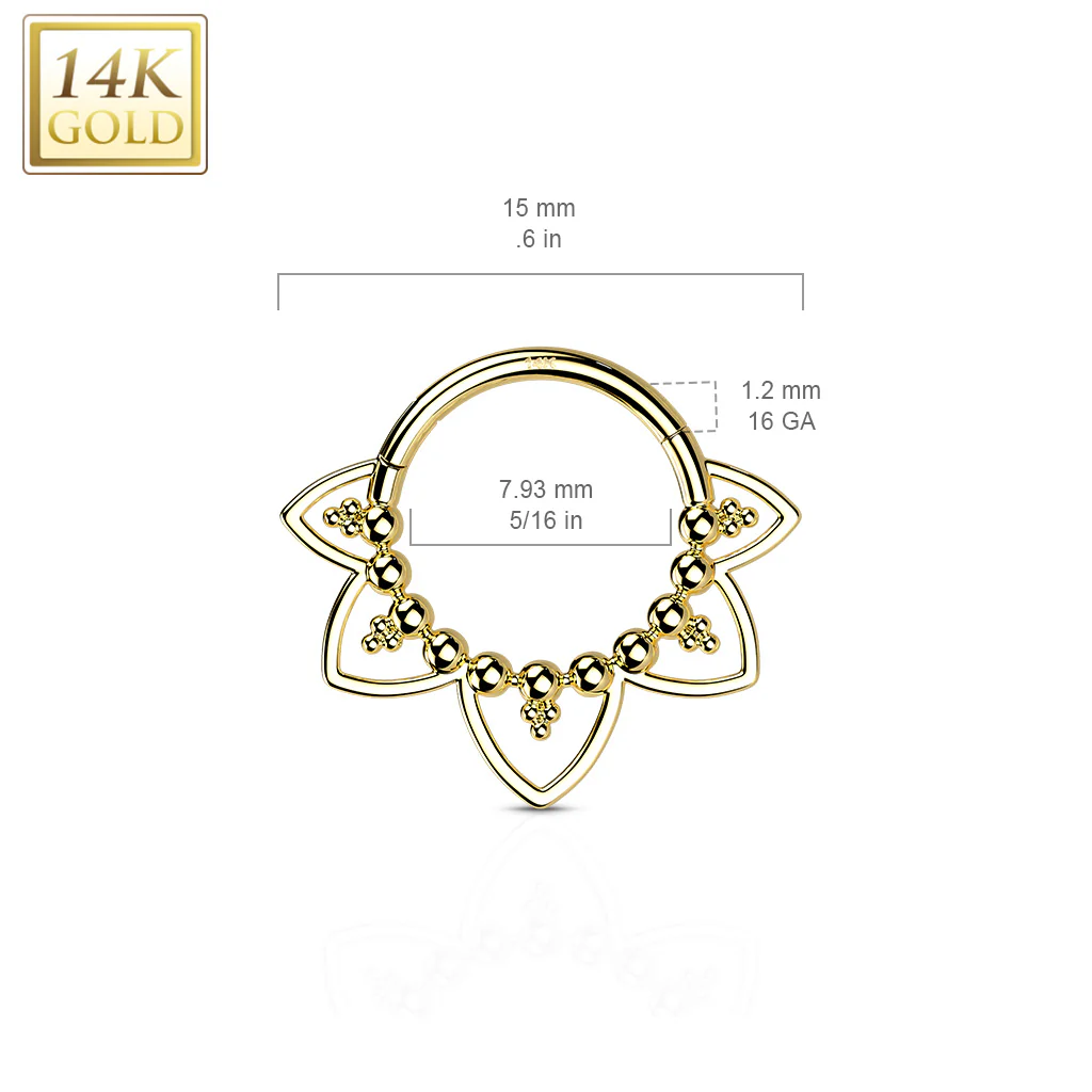 14K Solid Gold Heart Filigree Hinged Segment Hoop Ring Nose Septum Daith - Image 2
