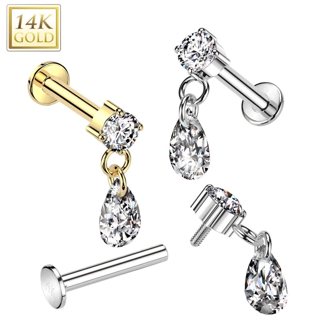14K Solid Gold Internally Threaded Labret Tragus Stud CZ Teardrop Dangle Top - Image 4