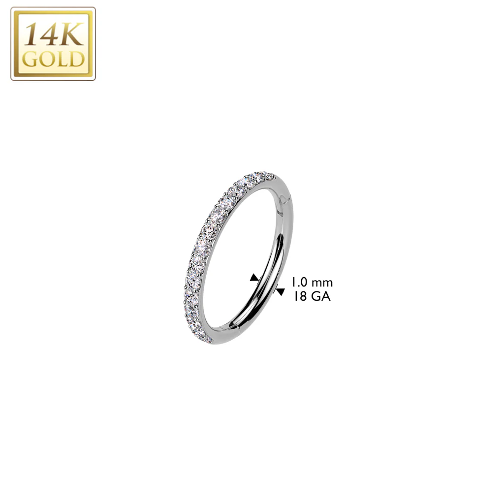 14K Solid Gold Out Facing Pave CZ Hinged Hoop Segment Ring Nose Septum Cartilage - Image 4