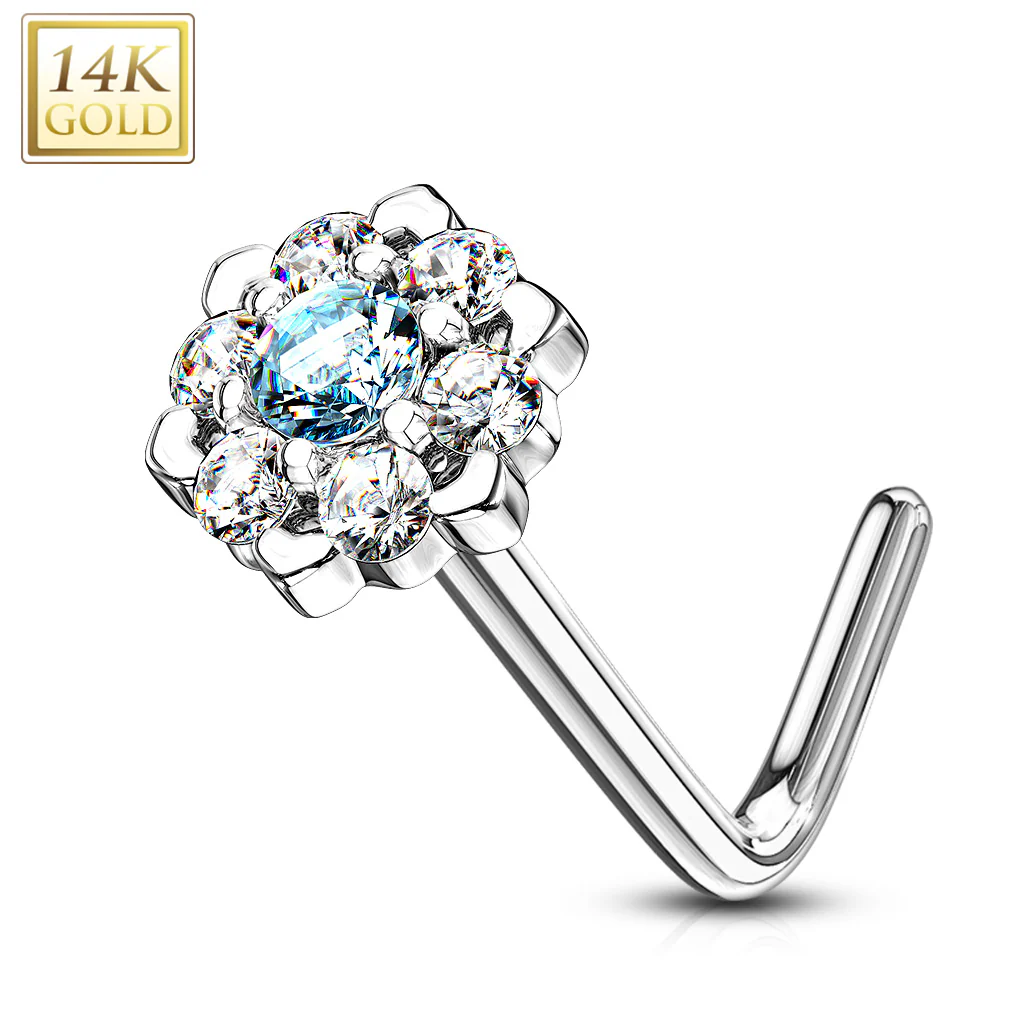 14K Solid Gold CZ Six Point Flower L Bend Nose Ring - Image 6