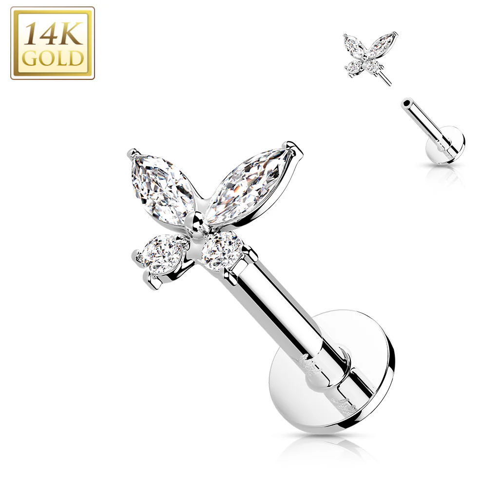 14K Solid Gold Threadless CZ Butterfly Top Labret Flat Back Stud - Image 3