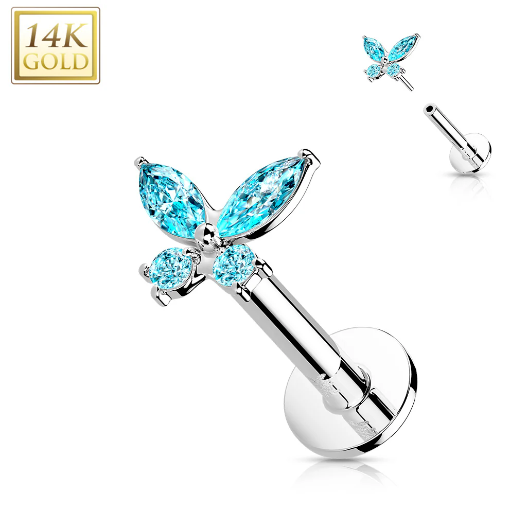 14K Solid Gold Threadless CZ Butterfly Top Labret Flat Back Stud - Image 5
