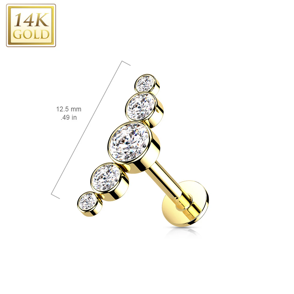 14K Solid Gold Threadless CZ Curve Bezel Top Labret Flat back Stud - Image 2