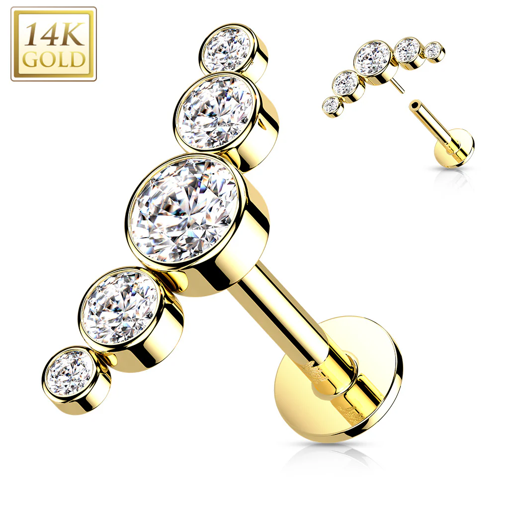 14K Solid Gold Threadless CZ Curve Bezel Top Labret Flat back Stud - Image 4