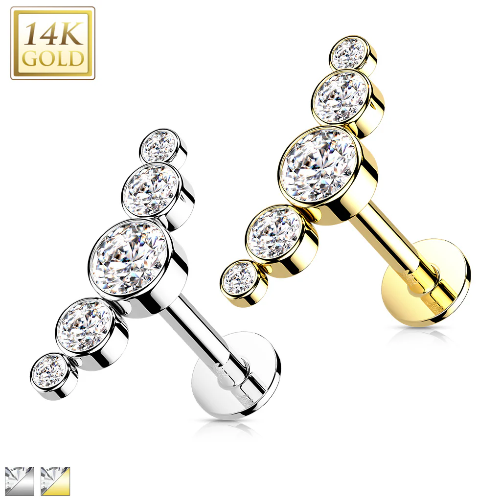 14K Solid Gold Threadless CZ Curve Bezel Top Labret Flat back Stud - Image 5