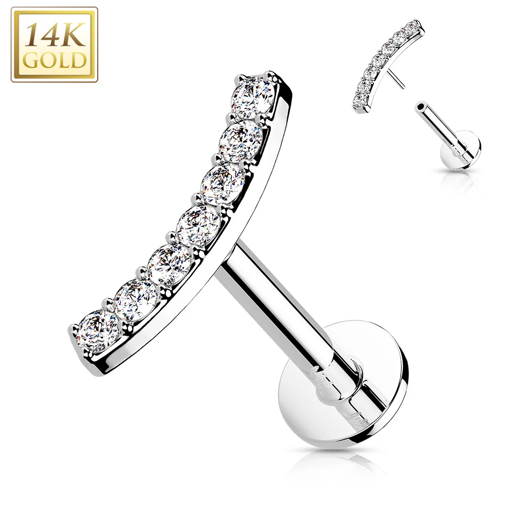 14K Solid Gold Threadless CZ Curve Top Labret Flat back Stud - Image 3