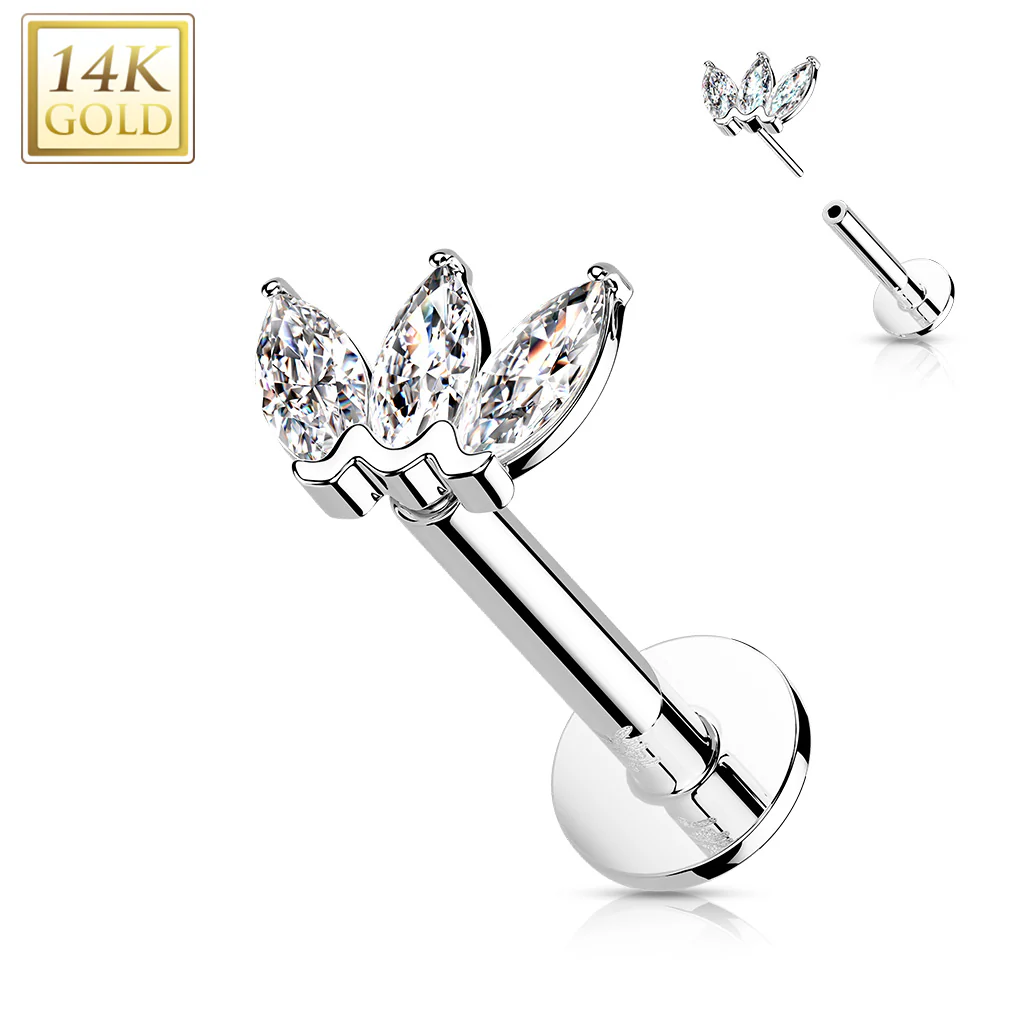 14K Solid Gold Threadless CZ Marquise Top Labret Flat Back Stud - Image 2