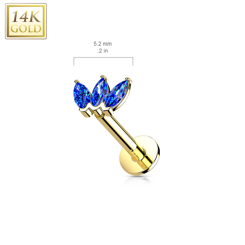 14K Solid Gold Threadless CZ Marquise Top Labret Flat Back Stud - Image 3