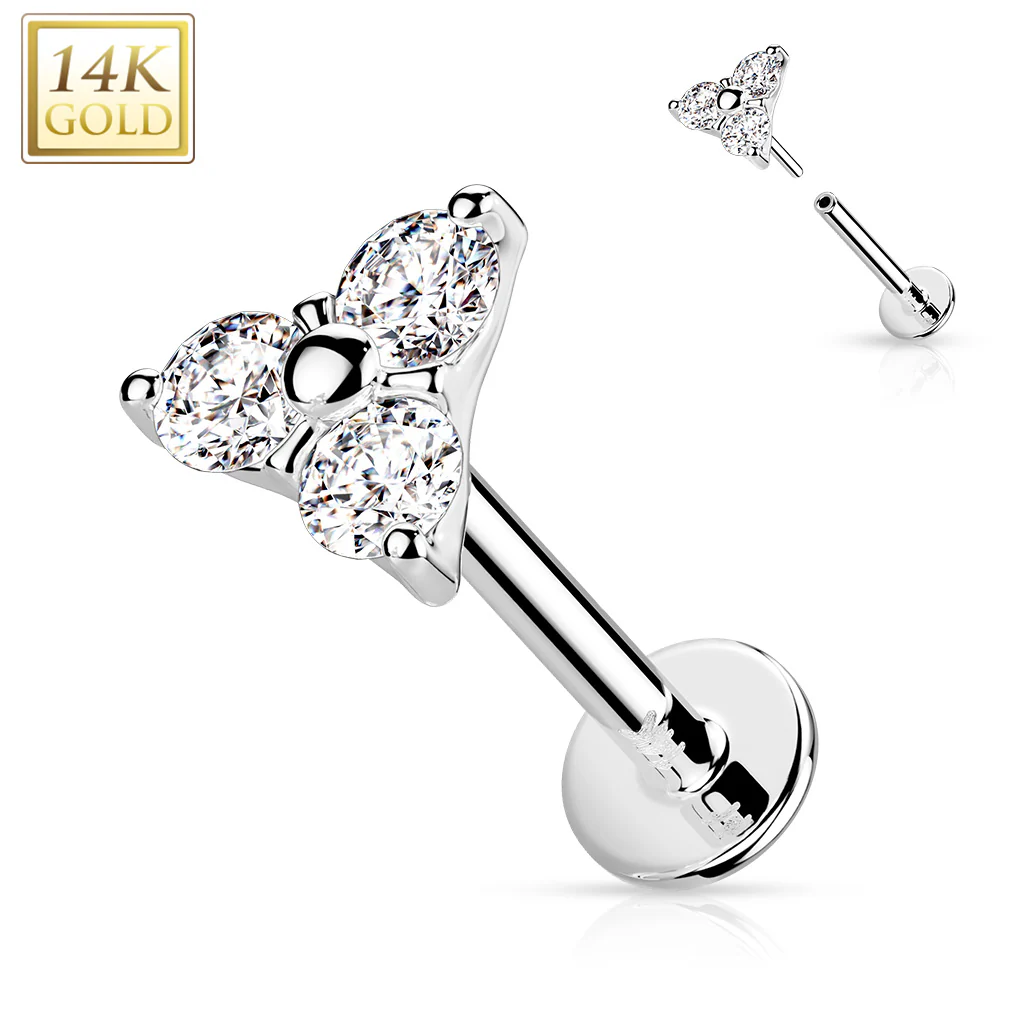 14K Solid Gold Threadless CZ Triangle Top Labret Flat Back Stud - Image 2