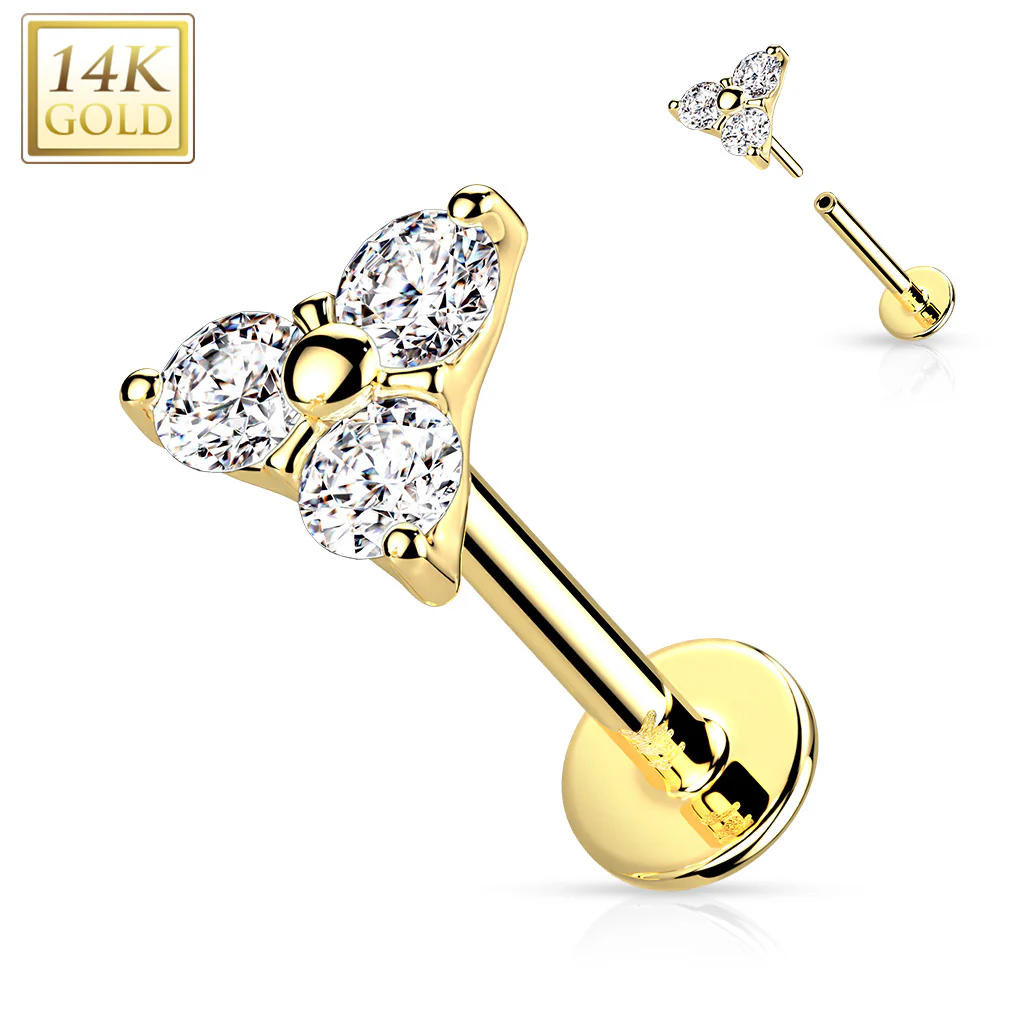 14K Solid Gold Threadless CZ Triangle Top Labret Flat Back Stud - Image 3