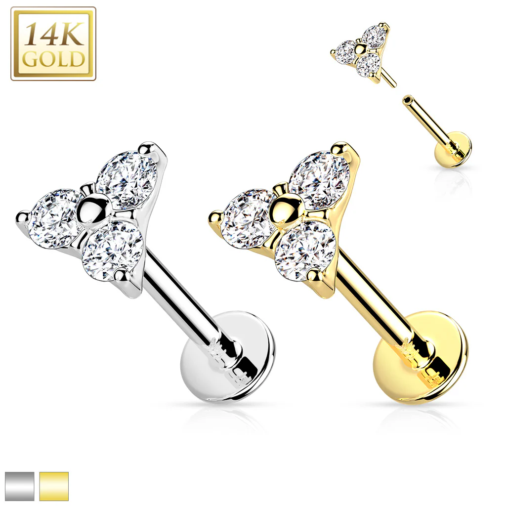 14K Solid Gold Threadless CZ Triangle Top Labret Flat Back Stud - Image 4