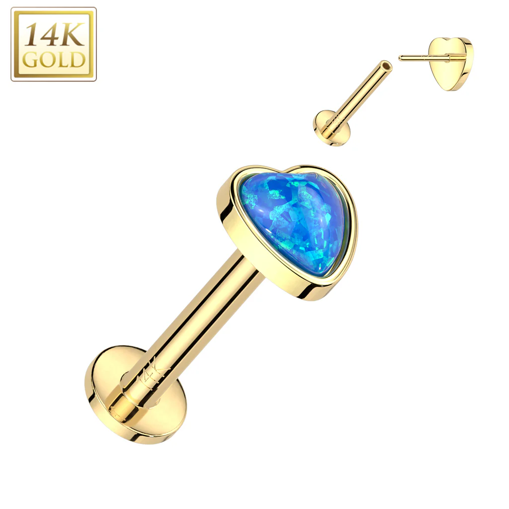 14K Solid Gold Threadless Labret Flat Back Stud with Heart Opal Top - Image 2