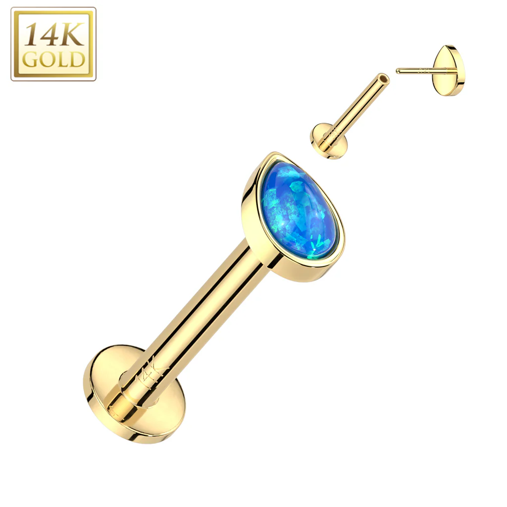 14K Solid Gold Threadless Labret Flat Back Stud with Teardrop Opal Top - Image 2