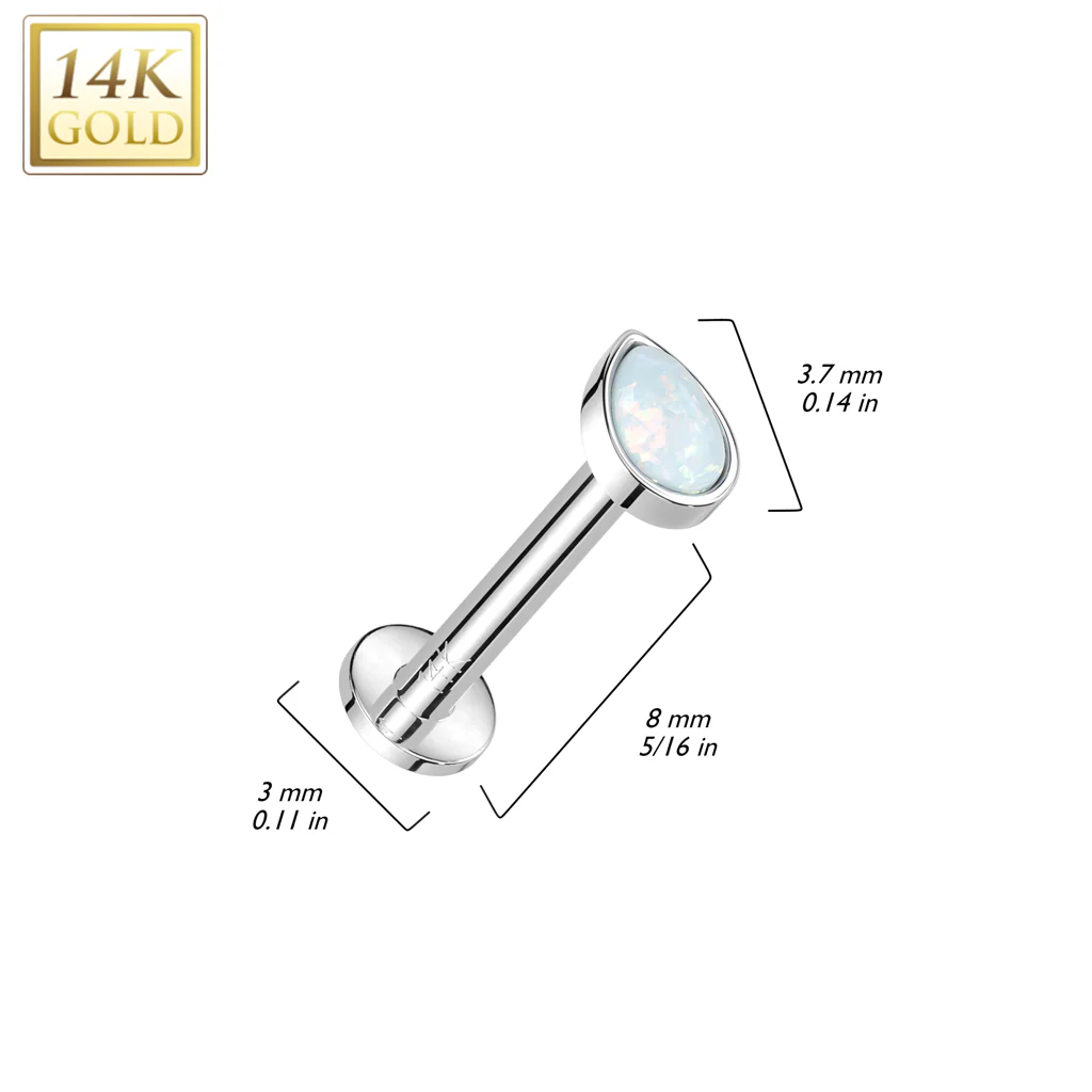 14K Solid Gold Threadless Labret Flat Back Stud with Teardrop Opal Top - Image 3