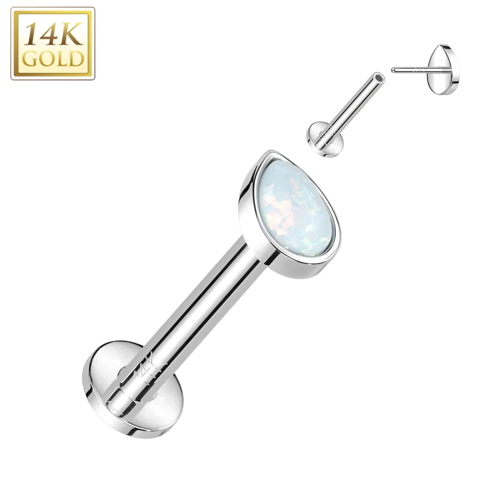14K Solid Gold Threadless Labret Flat Back Stud with Teardrop Opal Top - Image 5