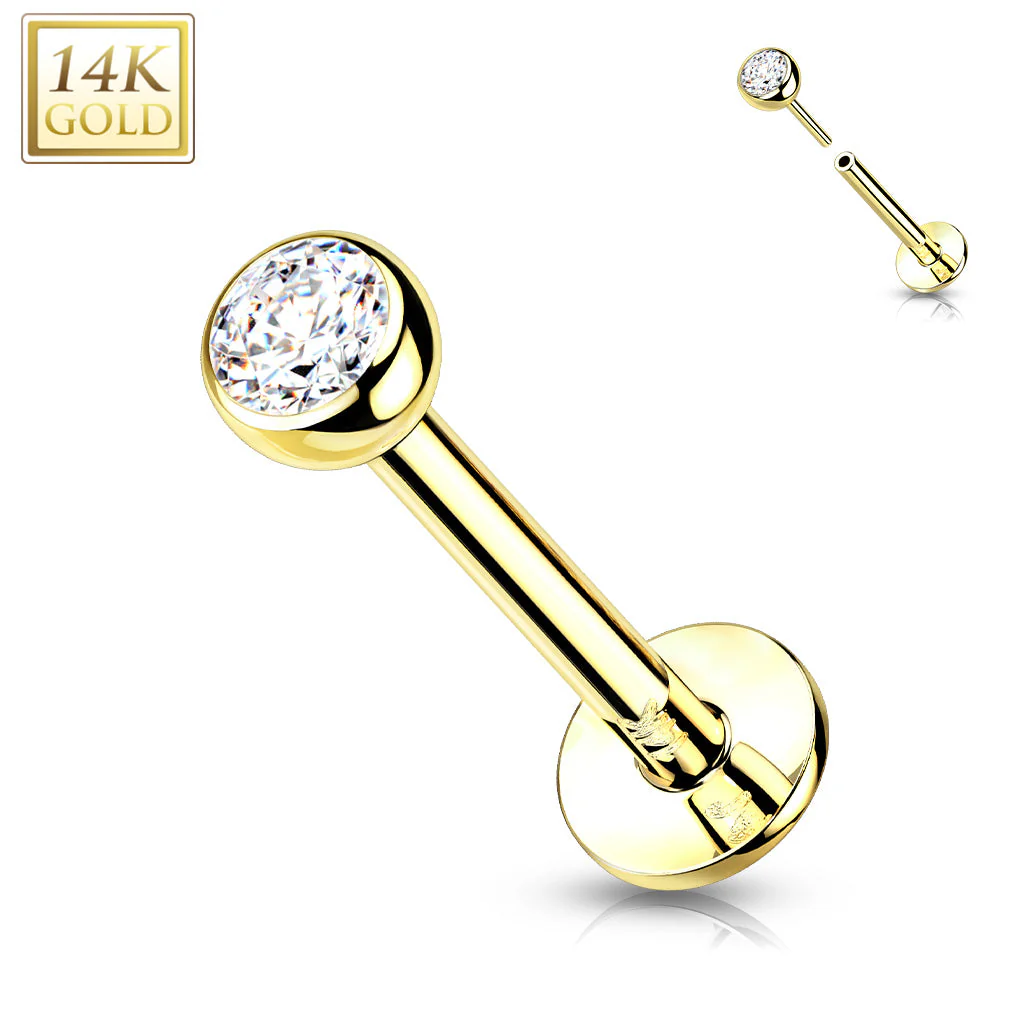 14K Solid Gold Threadless Labret With Bezel CZ Top 16G - Image 4