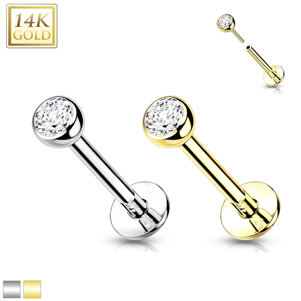 14K Solid Gold Threadless Labret With Bezel CZ Top 16G - Image 5