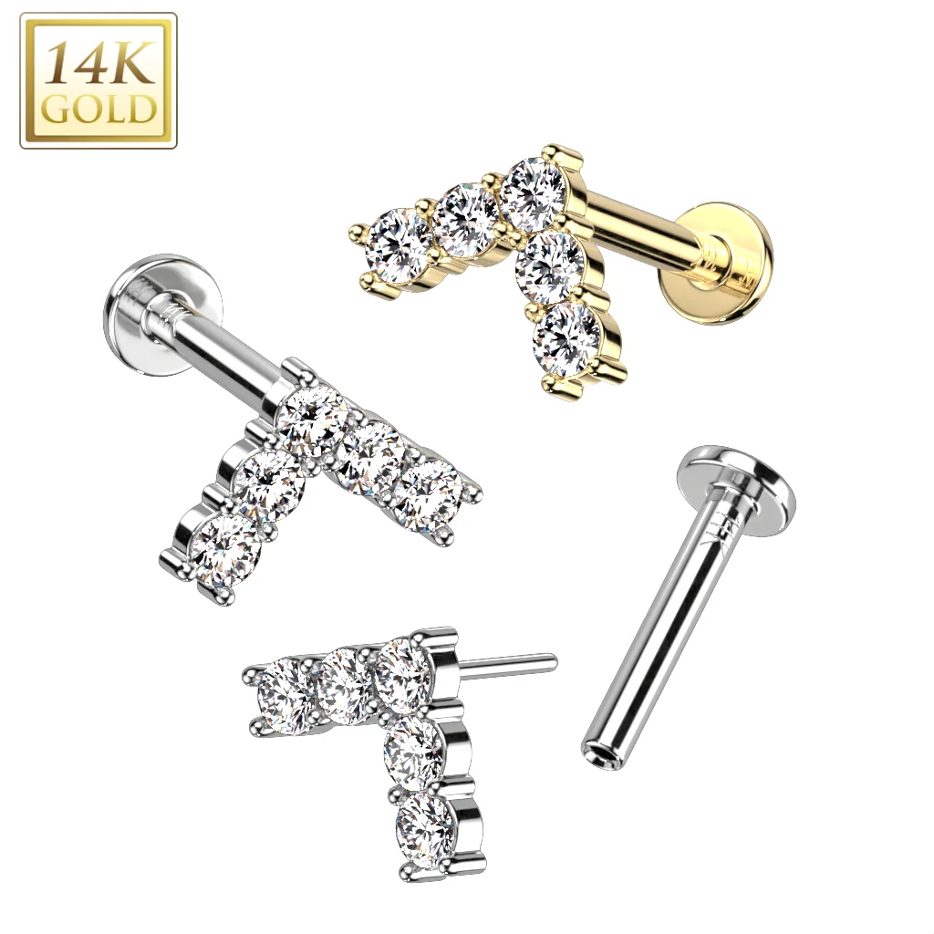 14K Solid Gold Threadless Labret With Chervon CZ Top - Image 4