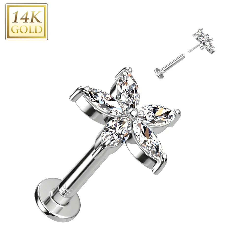 14K Solid Gold Threadless Labret With Flower CZ Top - Image 3