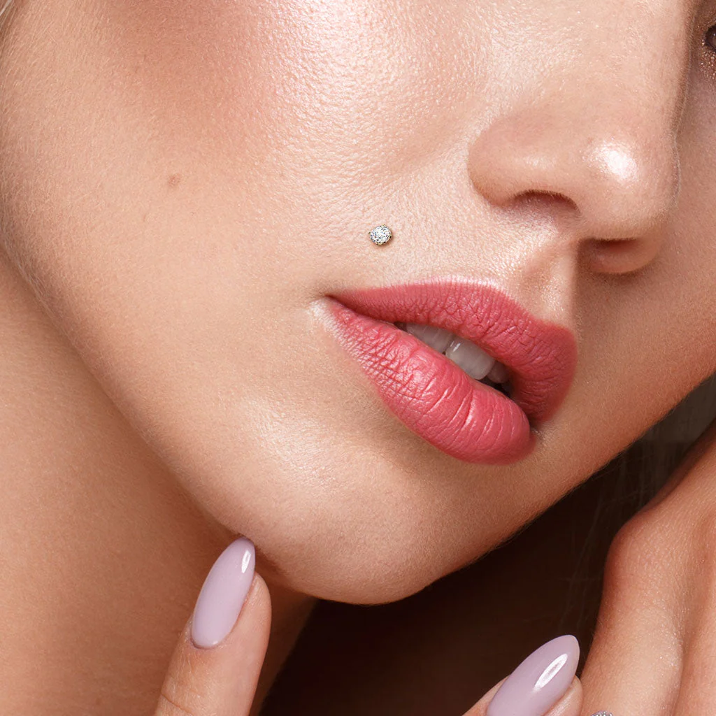 14K Solid Gold Threadless Labret With Prong CZ Top 16G - Image 2