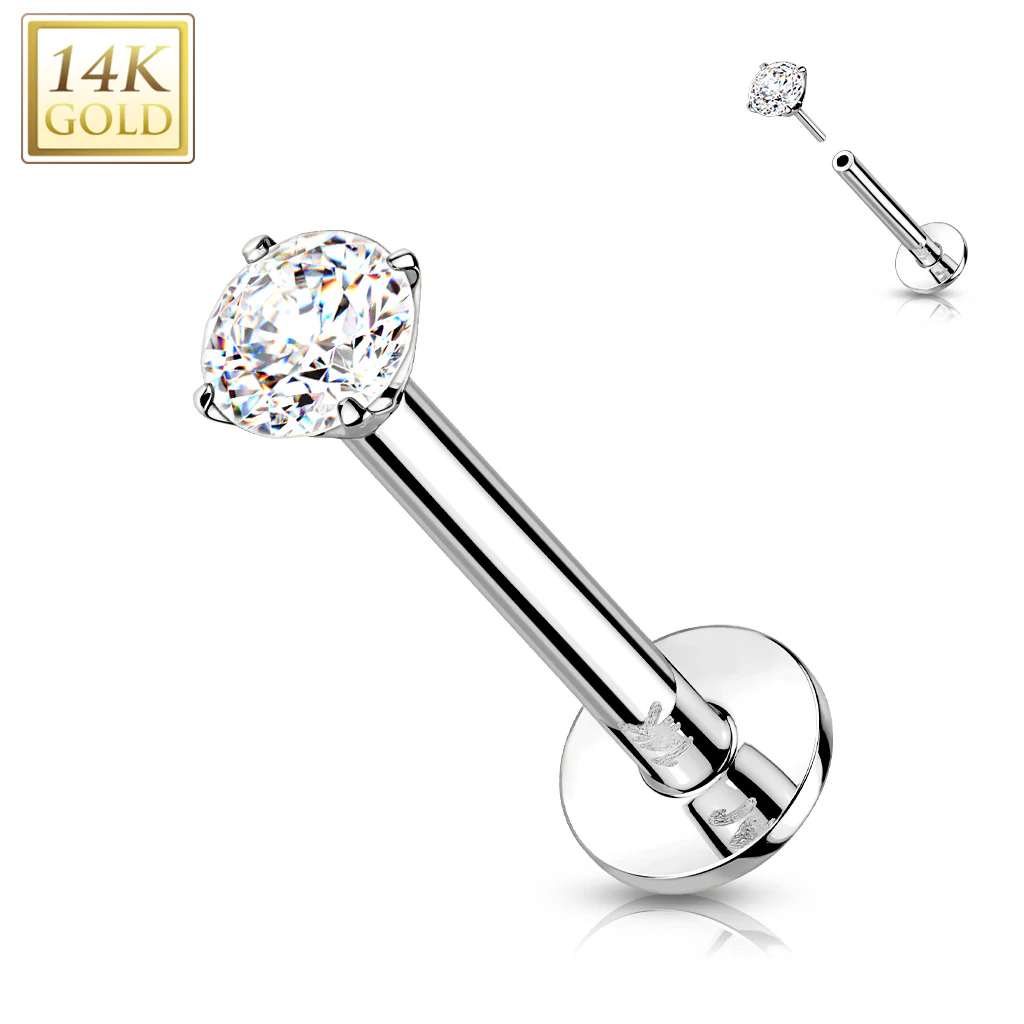 14K Solid Gold Threadless Labret With Prong CZ Top 18G - Image 3