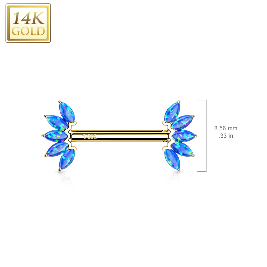 14K Solid Gold Threadless Nipple Barbells with Marquise Opal Set - Image 2