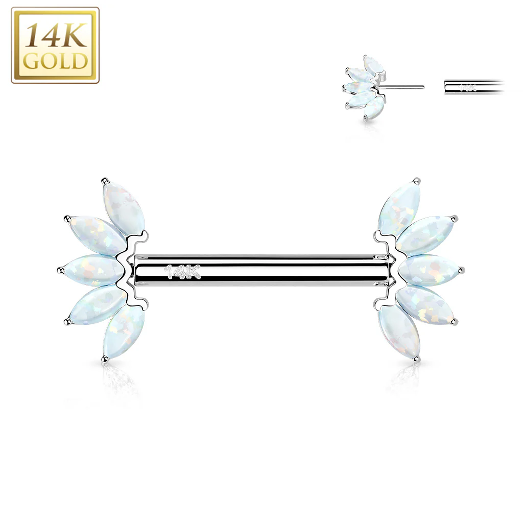 14K Solid Gold Threadless Nipple Barbells with Marquise Opal Set - Image 4